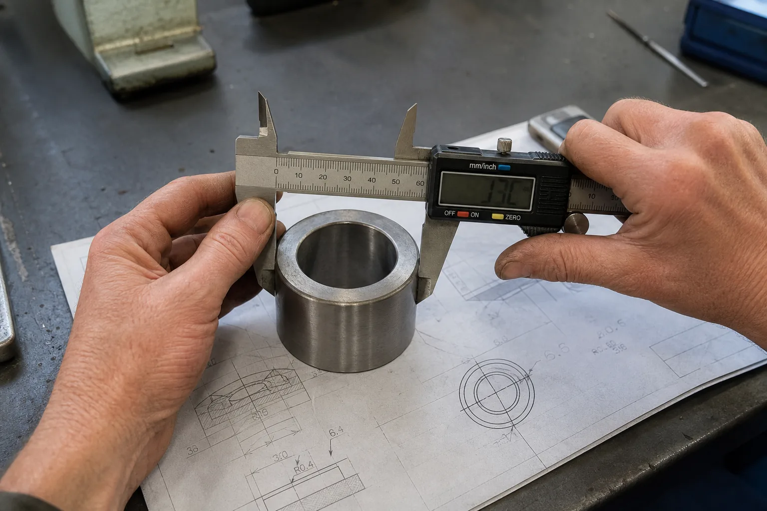 Digital caliper checking a critical dimension on a custom machined component