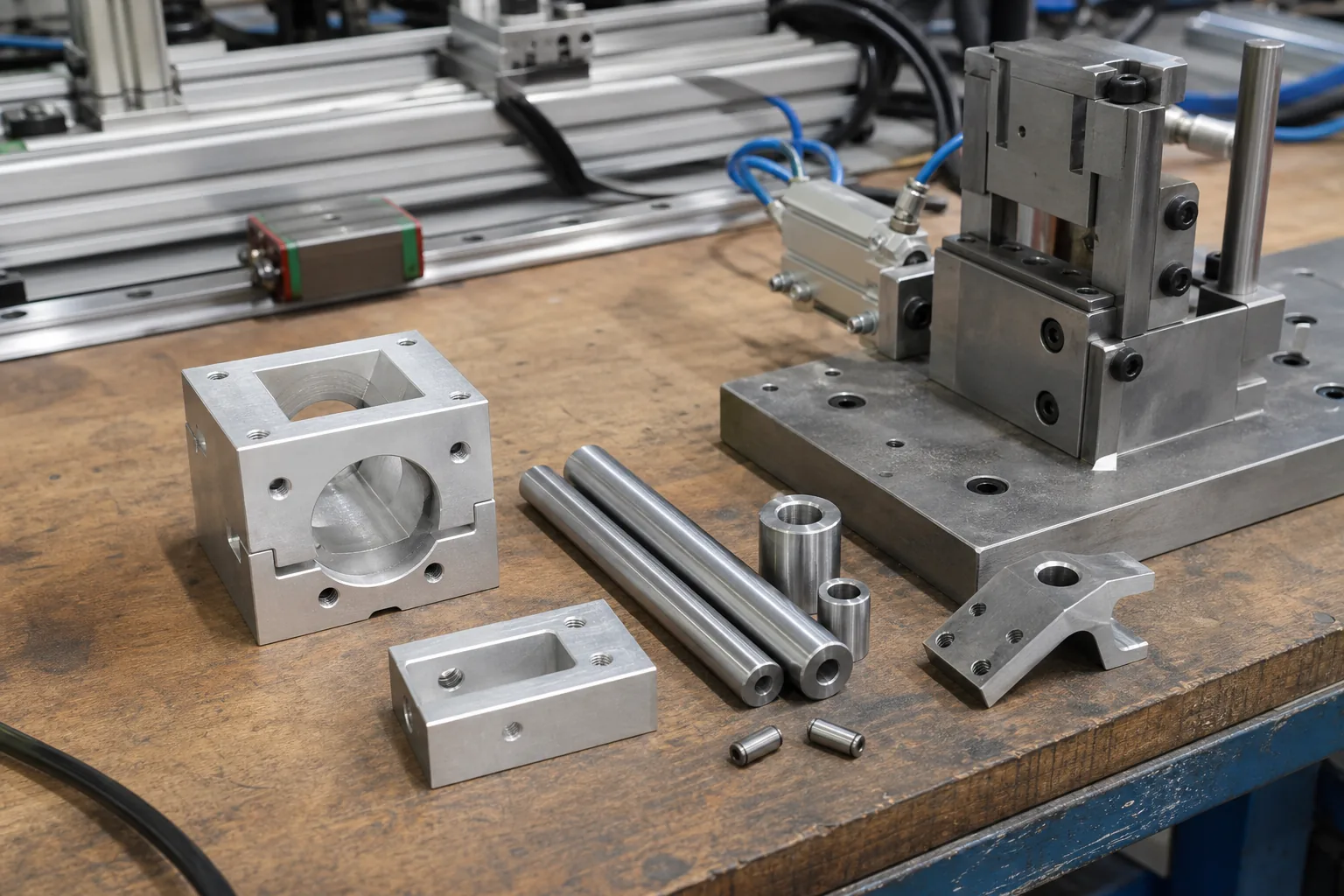 Custom machined aluminum and steel components for industrial automation interfaces